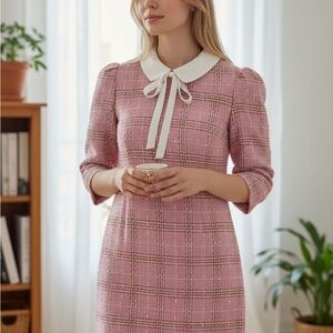 Alexia Admor tweed elegant Pink Plaid Dress with White Collar